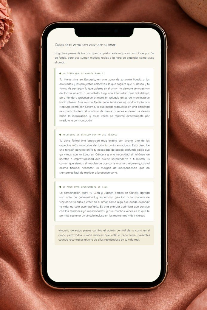 Informe real de ejemplo: zonas de tu carta para entender tu amor, vista en el celular