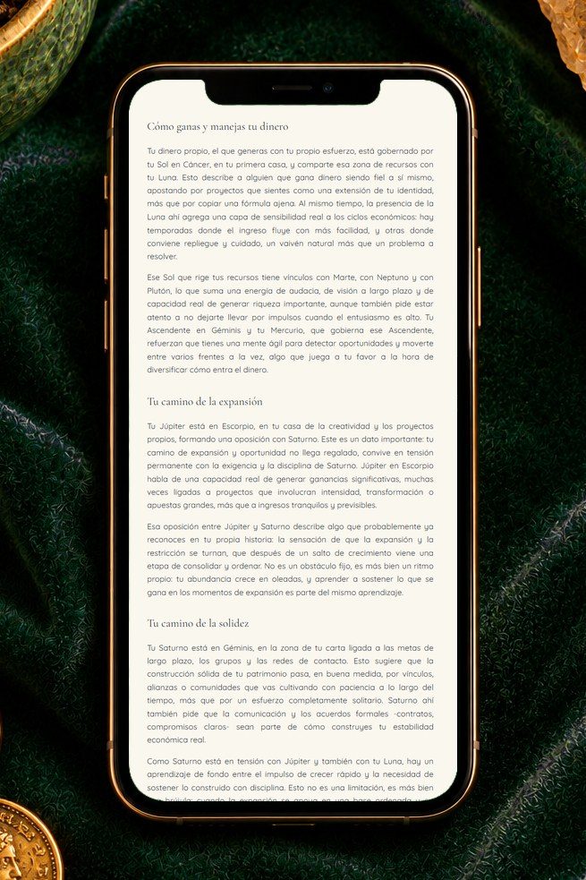 Informe real de ejemplo: cómo ganas y manejas tu dinero y tus dos caminos, vista en el celular