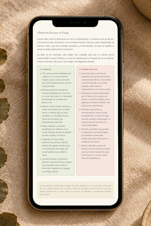 Informe real de ejemplo: alimentación recomendada, vista en el celular