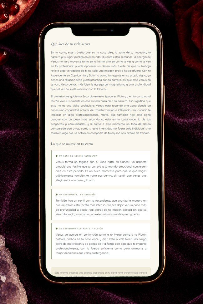Informe real de ejemplo: qué área de tu vida activa el tránsito, vista en el celular